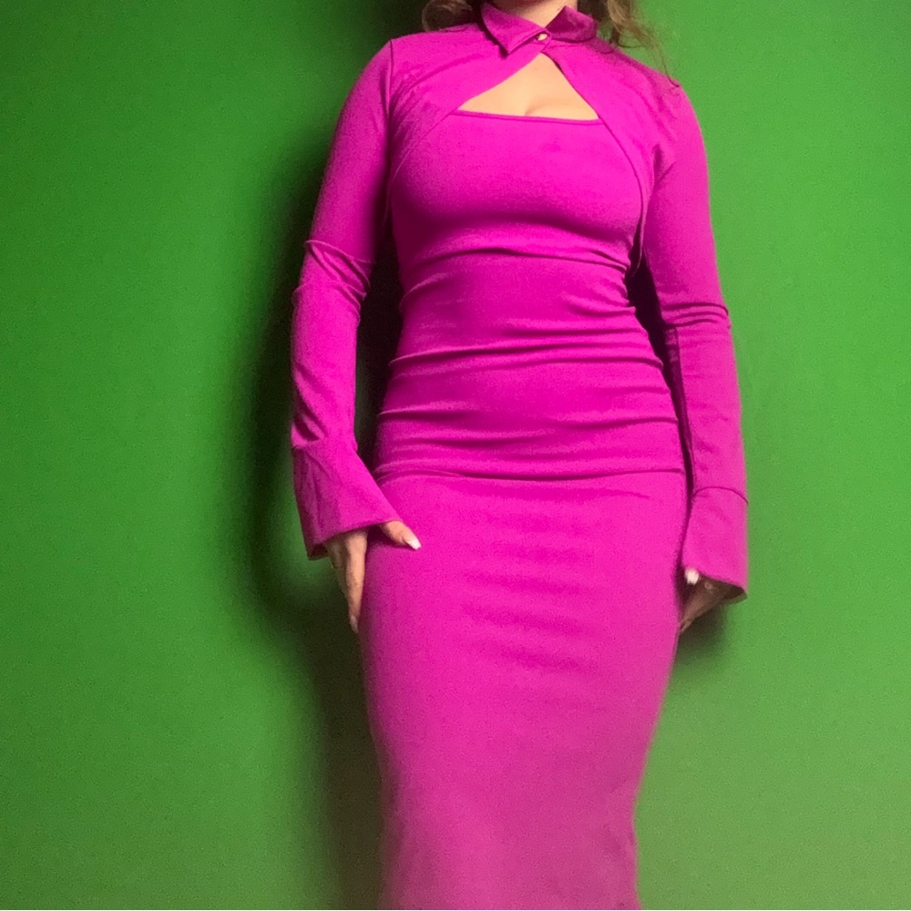 Fitted Pink Cutout Long-Sleeve Dress with jacket